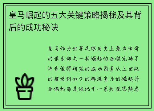 皇马崛起的五大关键策略揭秘及其背后的成功秘诀